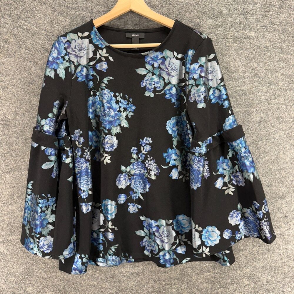 Alfani Blouse Women M Medium Black Floral Long Sleeve Round Neck Pullover Casual